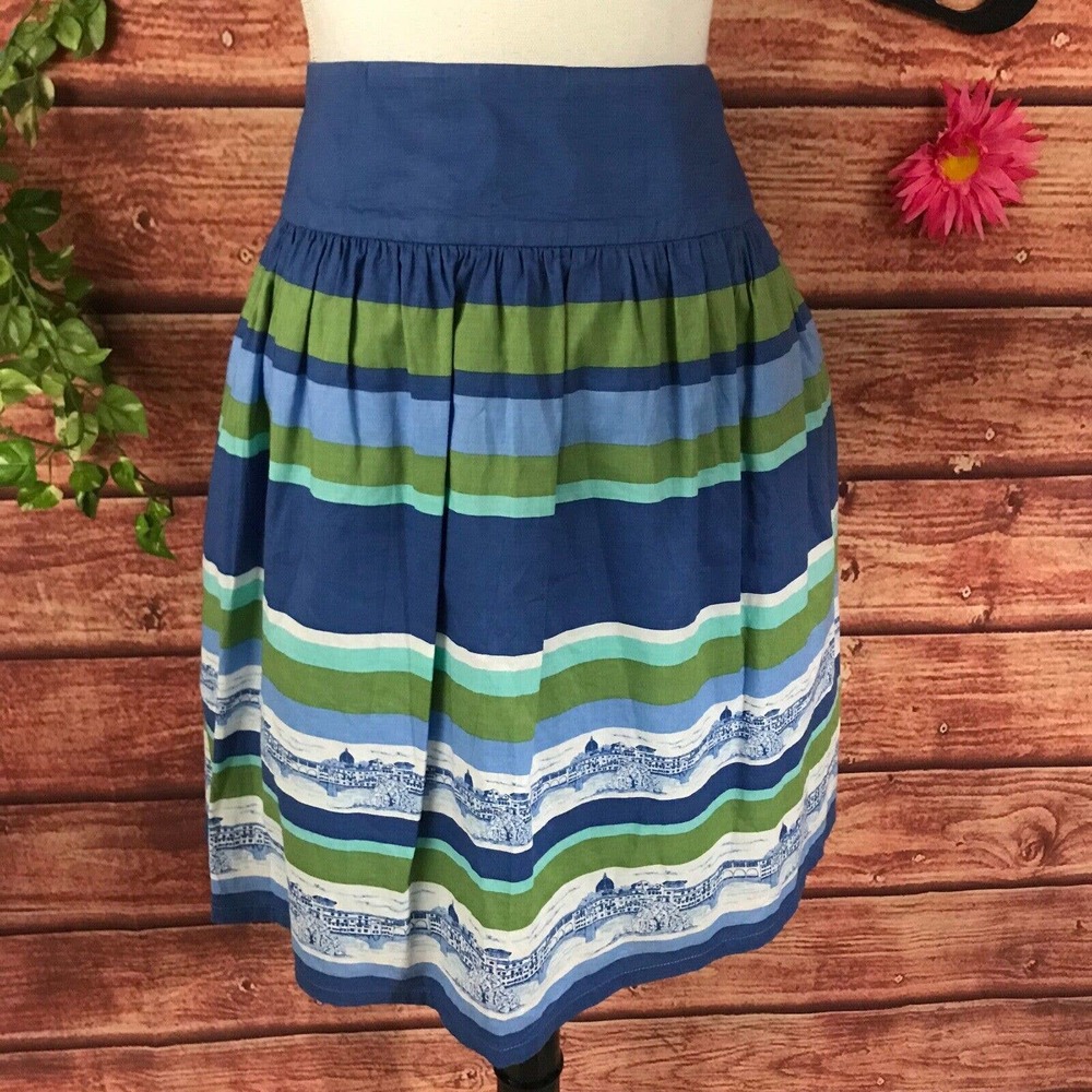 Garnet Hill Skirt 12 Chambray Blue Green Striped European City Scape Pleated